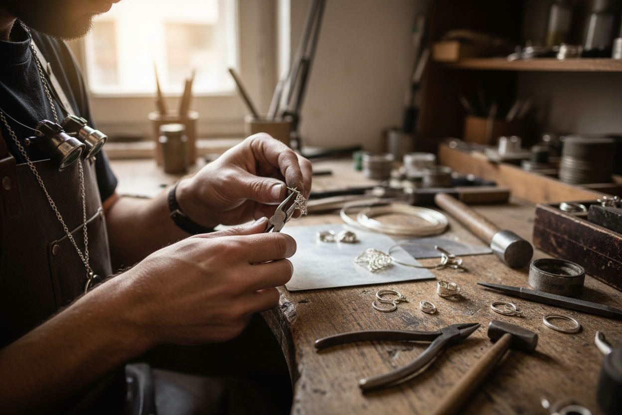silver jewelry craftmanship: A image of a person's hand crafting a silver 925 jewelry